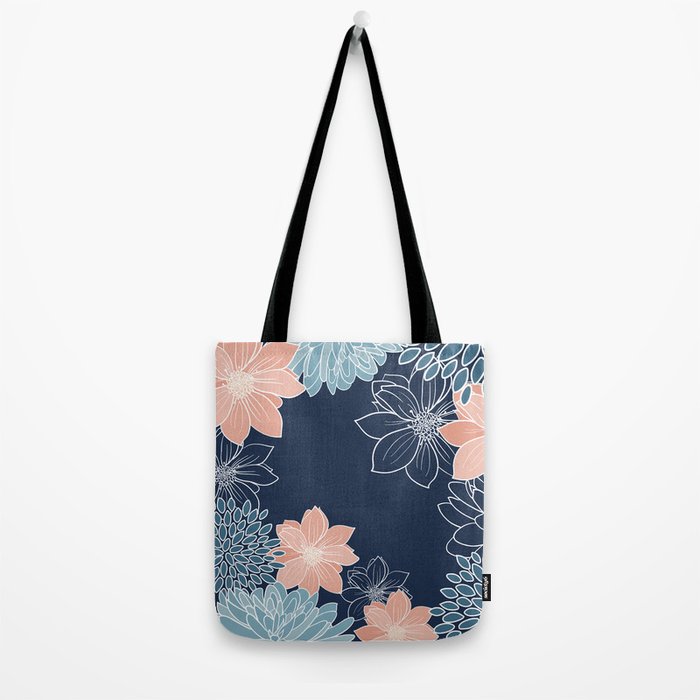 Festive, Floral Prints and Line Art, Navy Blue, Coral and Teal Tote Bag Gallery Image 2
