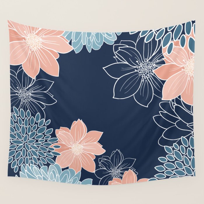 Festive, Floral Prints and Line Art, Navy Blue, Coral and Teal Wall Tapestry Gallery Image 4