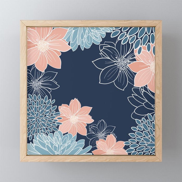 Festive, Floral Prints and Line Art, Navy Blue, Coral and Teal Mini Art Print Gallery Image 1
