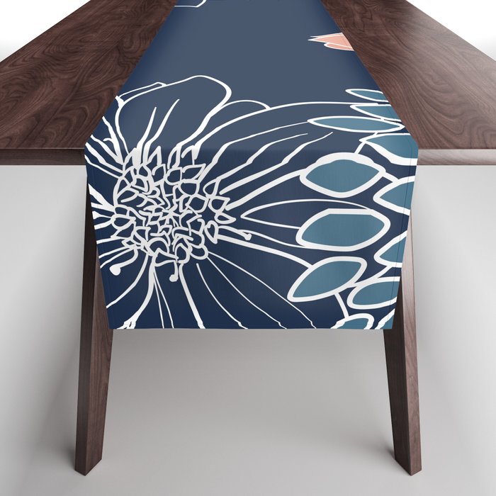 Festive, Floral Prints and Line Art, Navy Blue, Coral and Teal Table Runner Gallery Image 1