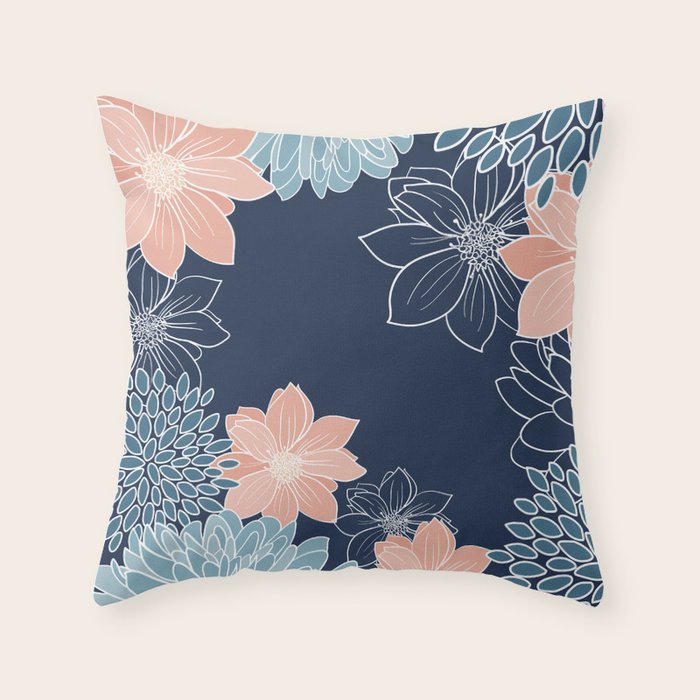 Festive, Floral Prints and Line Art, Navy Blue, Coral and Teal Throw Pillow Gallery Image 6