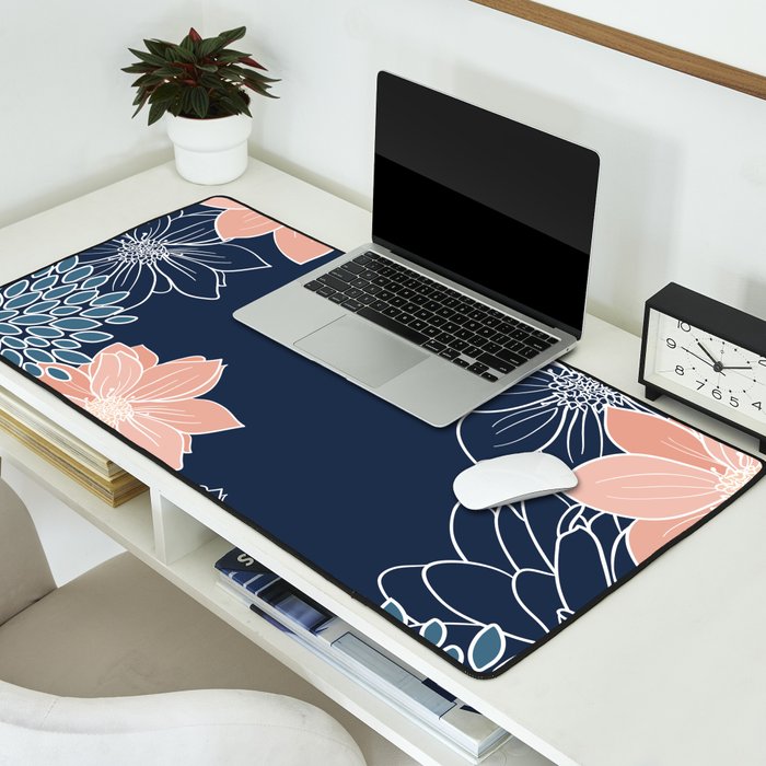 Festive, Floral Prints and Line Art, Navy Blue, Coral and Teal Desk Mat Gallery Image 2