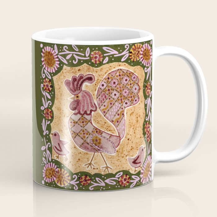 Rooster Painting in Forest Green - Folk Art Style Coffee Mug Gallery Image 1