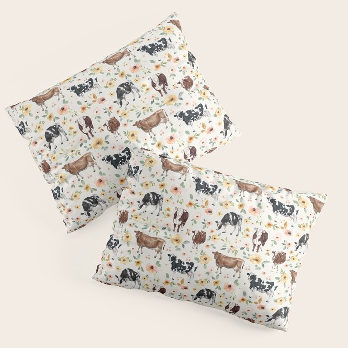 Cows with Pink and Yellow Flowers on Cream, Cow Illustration, Floral Pillow Sham Gallery Image 3