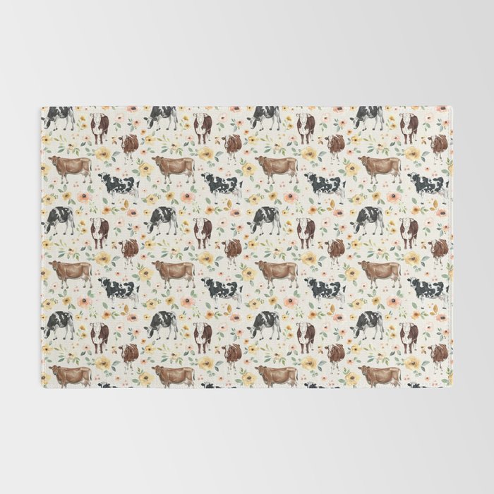 Cows with Pink and Yellow Flowers on Cream, Cow Illustration, Floral Rug Gallery Image 2
