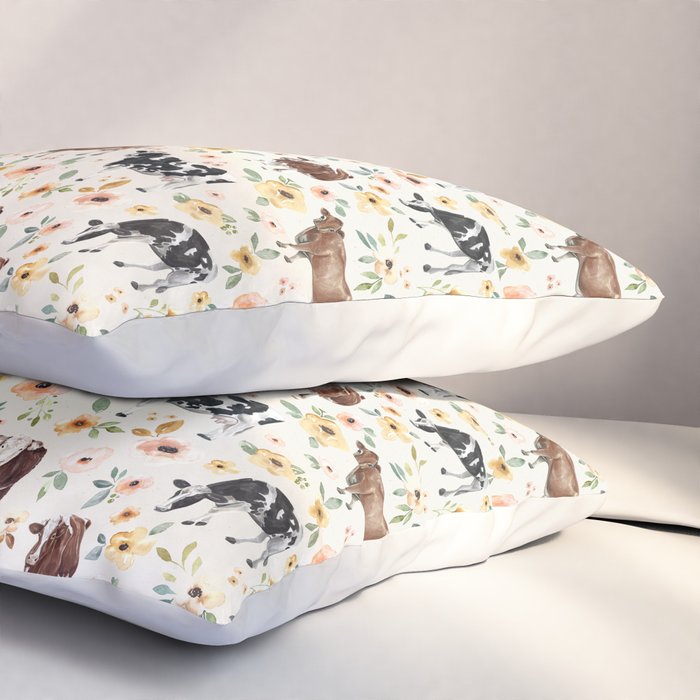 Cows with Pink and Yellow Flowers on Cream, Cow Illustration, Floral Pillow Sham Gallery Image 3