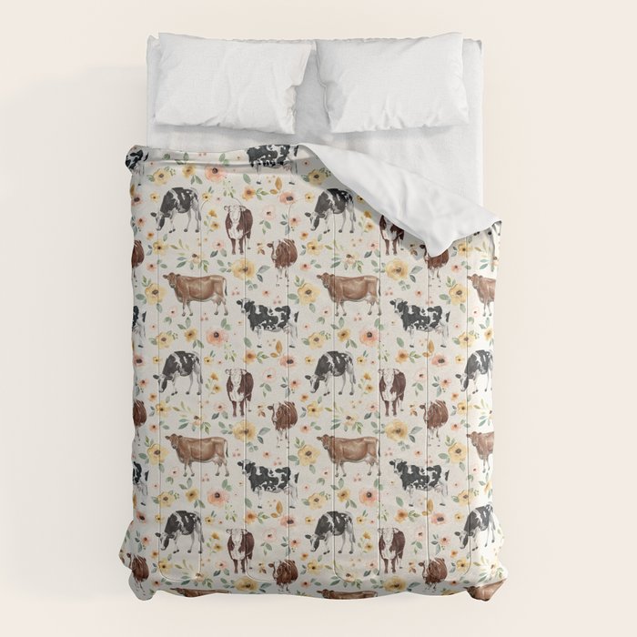 Cows with Pink and Yellow Flowers on Cream, Cow Illustration, Floral Comforter Gallery Image 6