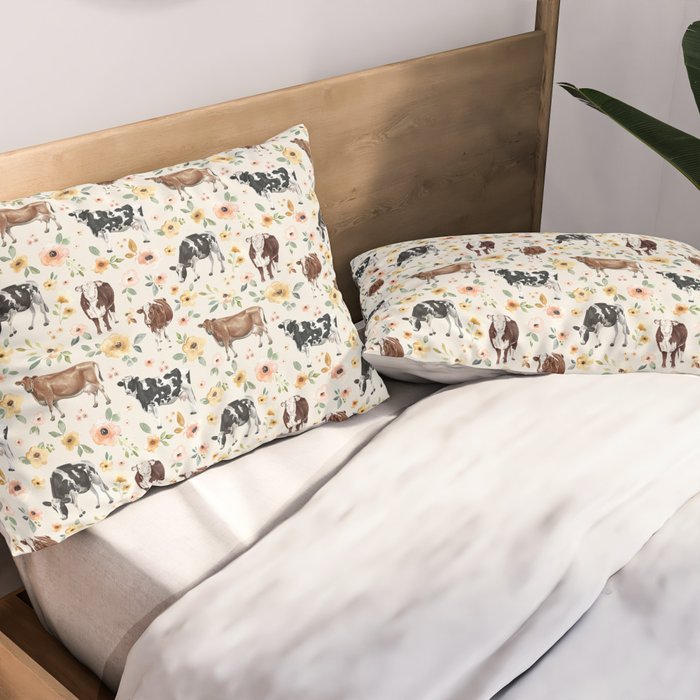 Cows with Pink and Yellow Flowers on Cream, Cow Illustration, Floral Pillow Sham Gallery Image 2