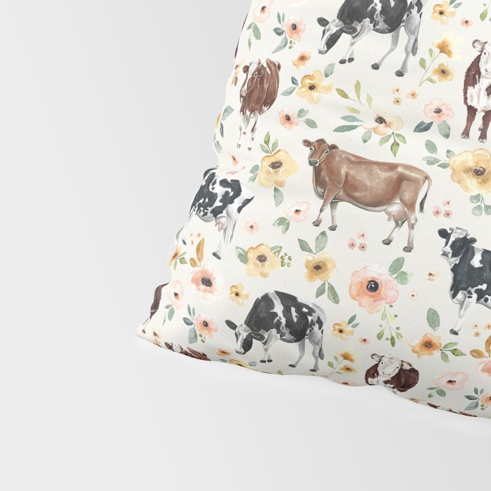 Cows with Pink and Yellow Flowers on Cream, Cow Illustration, Floral Pillow Sham Gallery Image 4