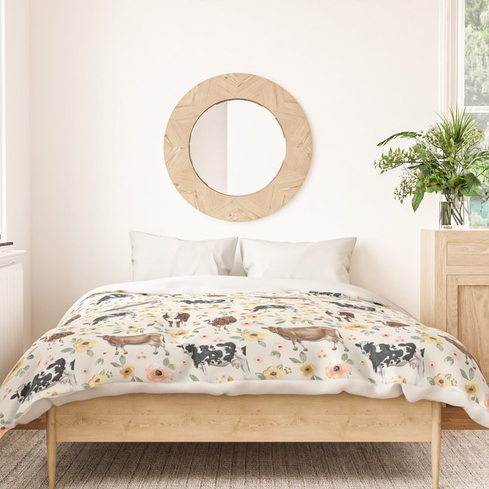 Cows with Pink and Yellow Flowers on Cream, Cow Illustration, Floral Duvet Cover Gallery Image 3