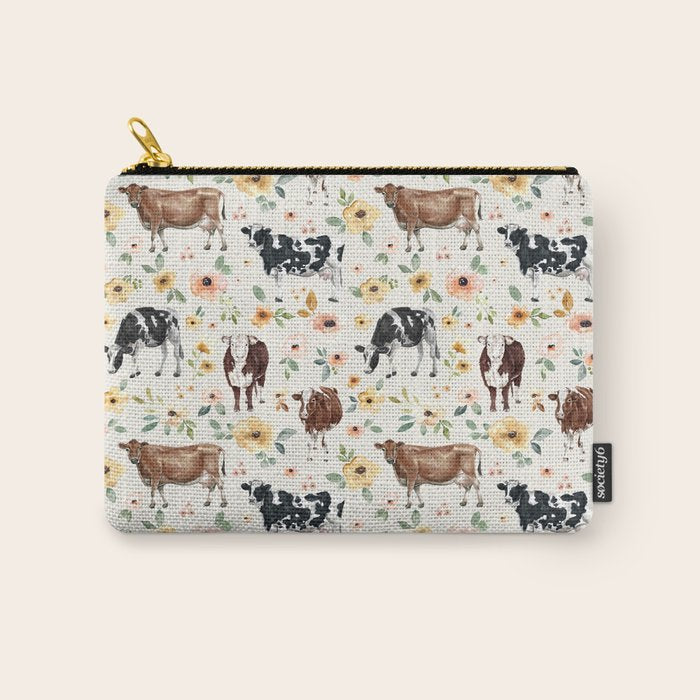 Cows with Pink and Yellow Flowers on Cream, Cow Illustration, Floral Carry All Pouch Gallery Image 1