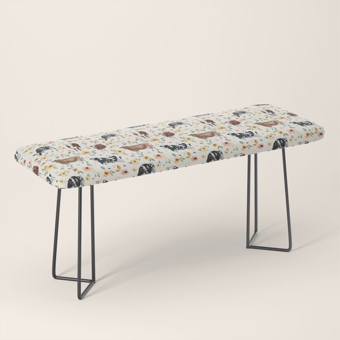 Cows with Pink and Yellow Flowers on Cream, Cow Illustration, Floral Bench Gallery Image 1