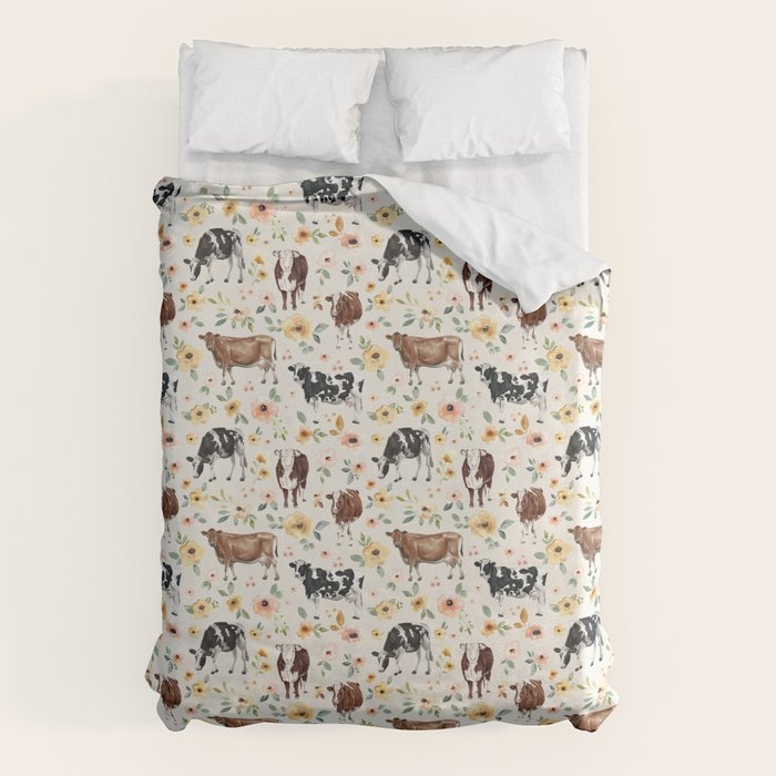 Cows with Pink and Yellow Flowers on Cream, Cow Illustration, Floral Duvet Cover Gallery Image 1