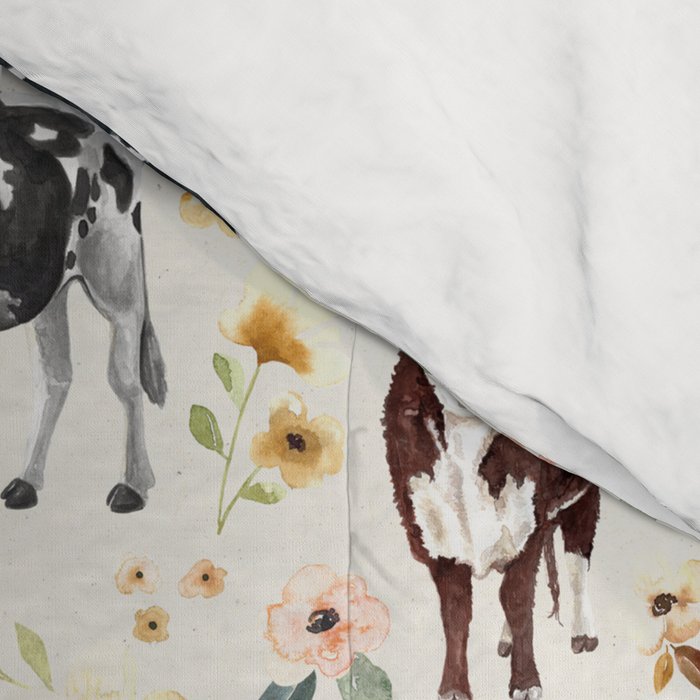 Cows with Pink and Yellow Flowers on Cream, Cow Illustration, Floral Comforter Gallery Image 4