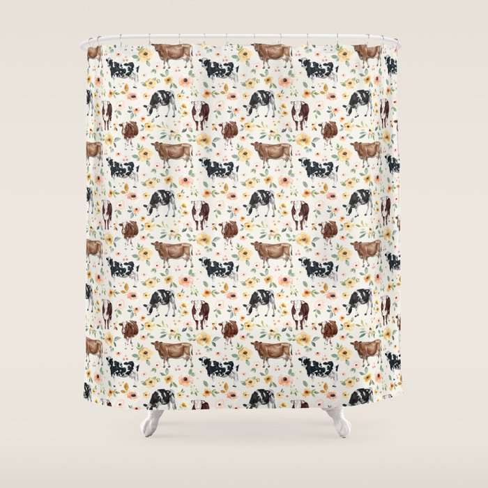 Cows with Pink and Yellow Flowers on Cream, Cow Illustration, Floral Shower Curtain Gallery Image 1