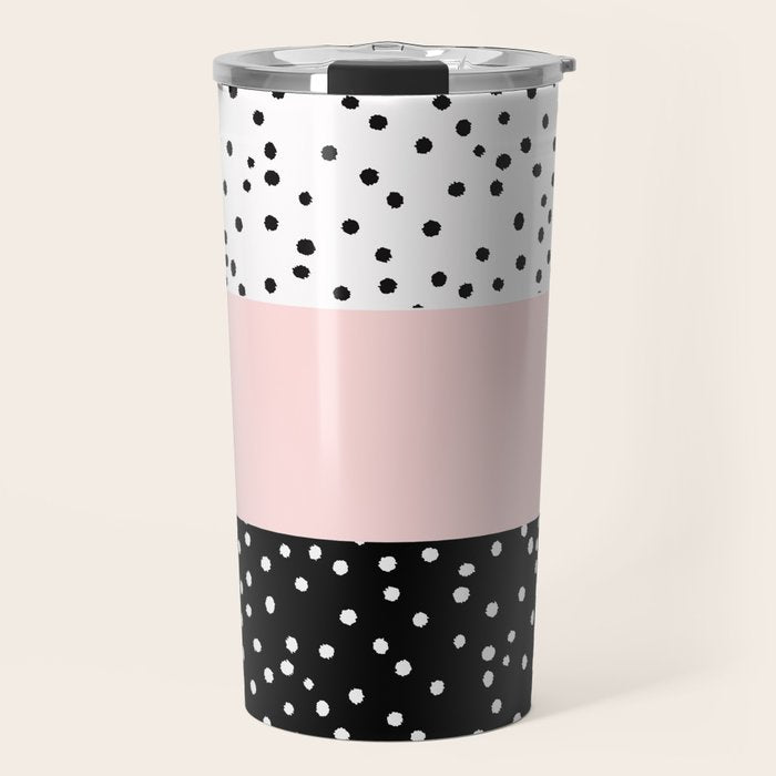 Pink white black watercolor polka dots Travel Mug Gallery Image 1
