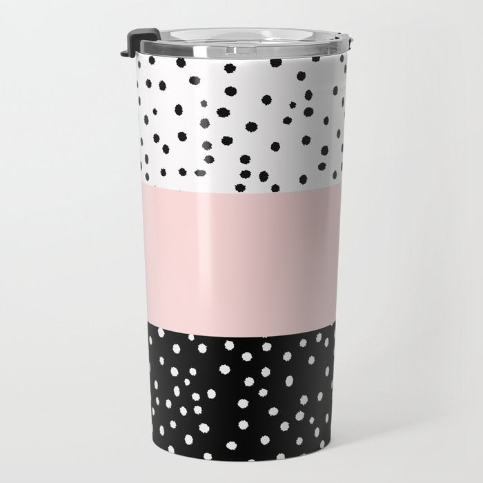 Pink white black watercolor polka dots Travel Mug Gallery Image 3