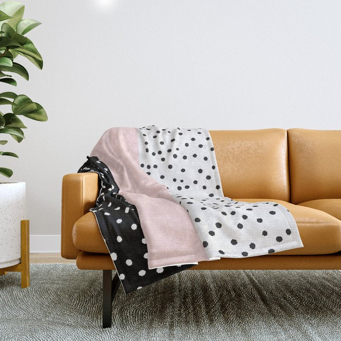 Pink white black watercolor polka dots Throw Blanket Gallery Image 1