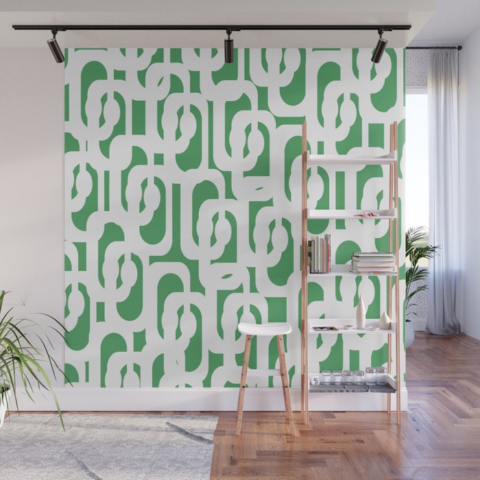 Mid Century Modern Loop Pattern Green and White Modernist Wall Mural Gallery Image 1
