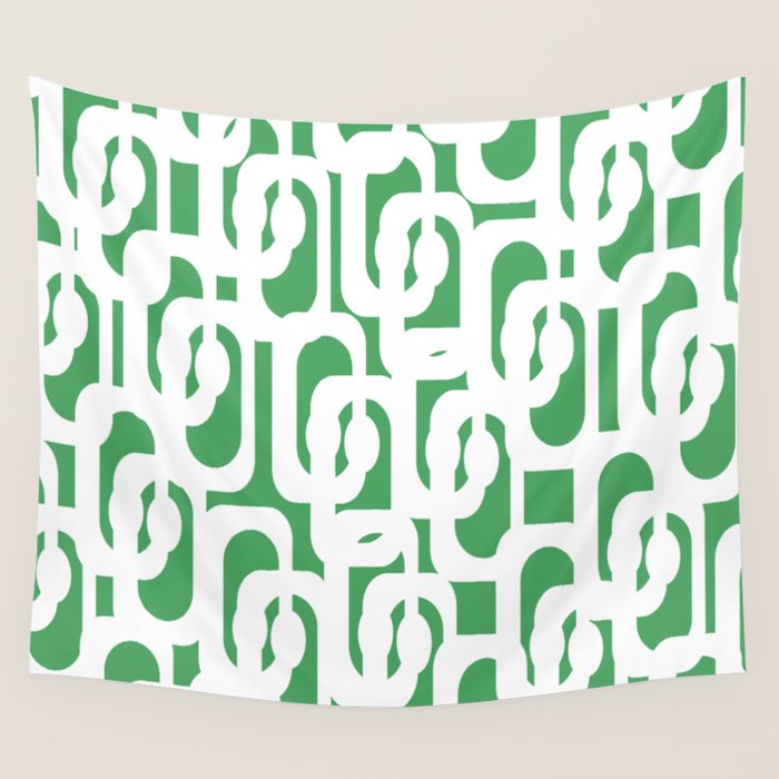 Mid Century Modern Loop Pattern Green and White Modernist Wall Tapestry Gallery Image 1