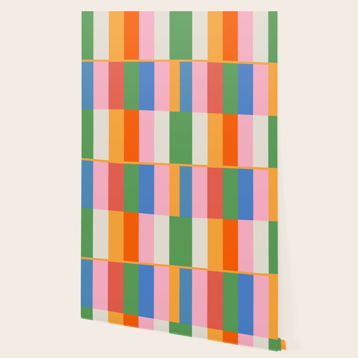 Long Blocks Colorful Retro Modern Geometric Checked Pattern 2 Pink Blue Orange Green Wallpaper Gallery Image 2