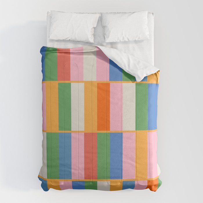 Long Blocks Colorful Retro Modern Geometric Checked Pattern 2 Pink Blue Orange Green Comforter Gallery Image 1