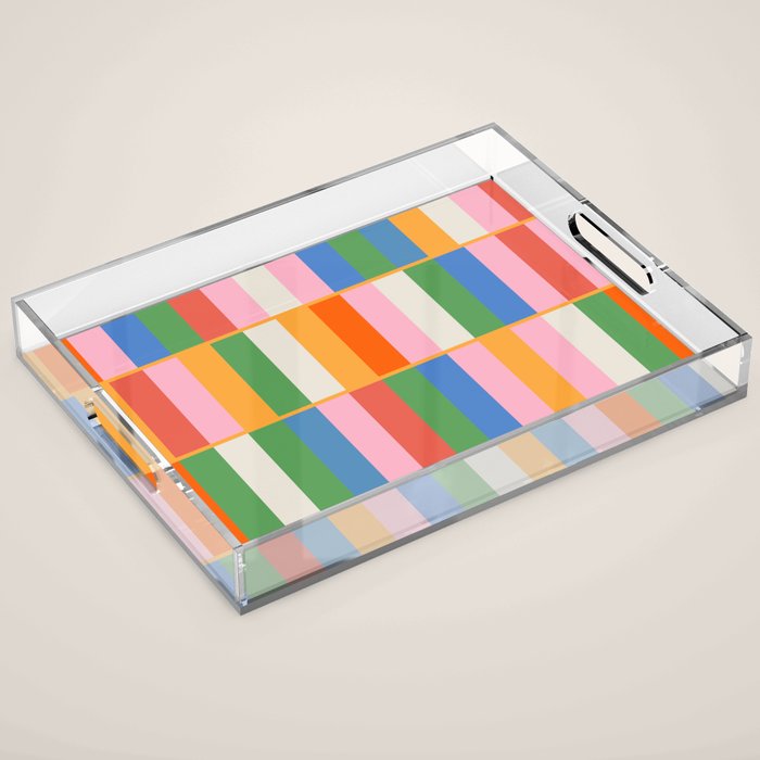 Long Blocks Colorful Retro Modern Geometric Checked Pattern 2 Pink Blue Orange Green Acrylic Tray Gallery Image 1
