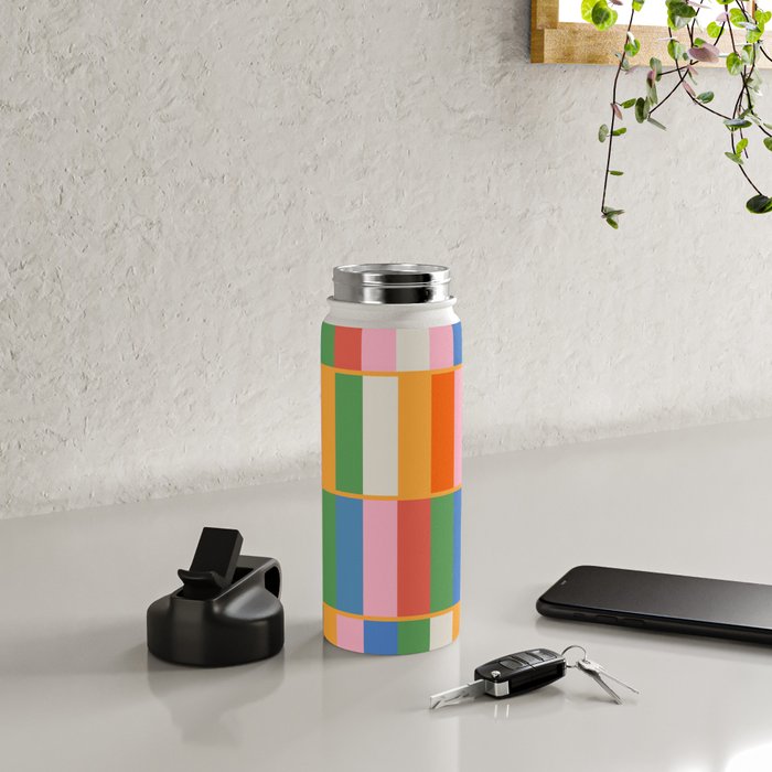 Long Blocks Colorful Retro Modern Geometric Checked Pattern 2 Pink Blue Orange Green Water Bottle Gallery Image 4