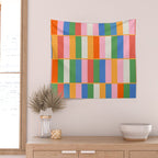 Long Blocks Colorful Retro Modern Geometric Checked Pattern 2 Pink Blue Orange Green Wall Tapestry Gallery Image 2