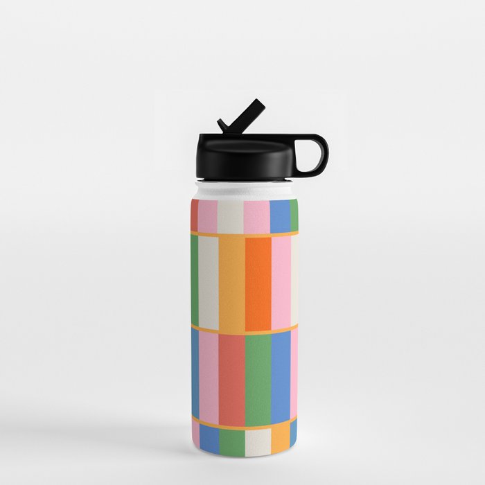 Long Blocks Colorful Retro Modern Geometric Checked Pattern 2 Pink Blue Orange Green Water Bottle Gallery Image 1