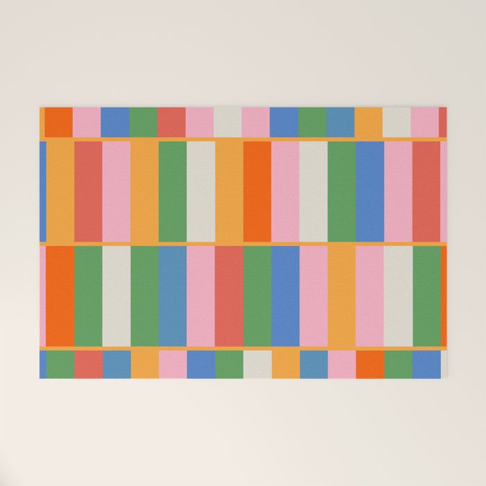 Long Blocks Colorful Retro Modern Geometric Checked Pattern 2 Pink Blue Orange Green Welcome Mat Gallery Image 1