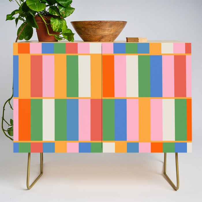 Long Blocks Colorful Retro Modern Geometric Checked Pattern 2 Pink Blue Orange Green Credenza Gallery Image 1
