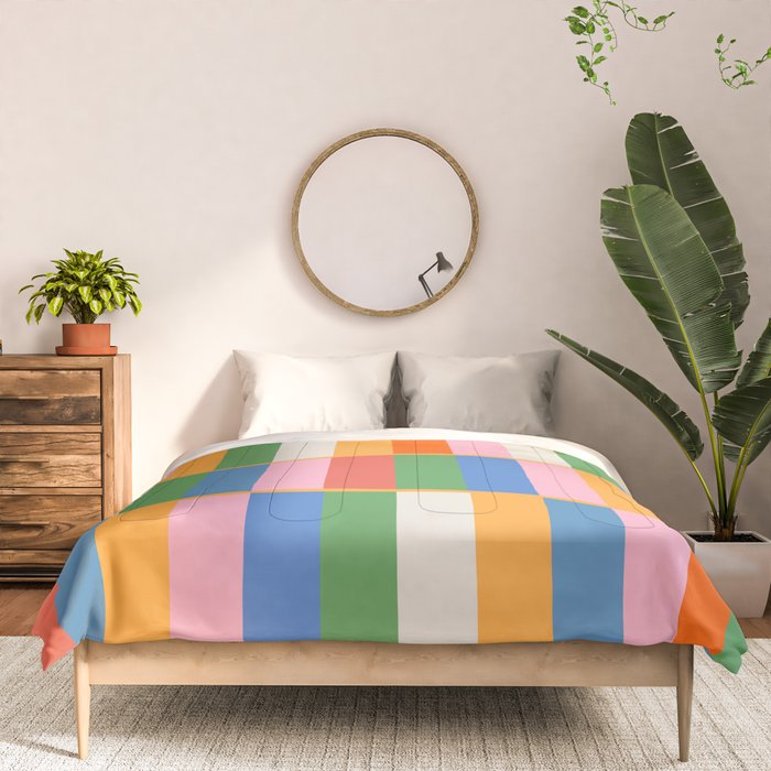 Long Blocks Colorful Retro Modern Geometric Checked Pattern 2 Pink Blue Orange Green Comforter Gallery Image 3