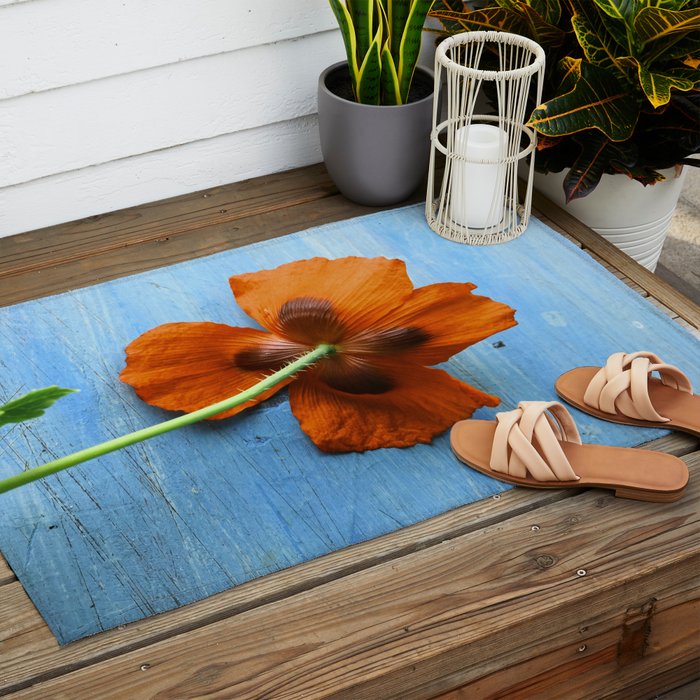 Red Poppy on Blue Outdoor Rug Gallery Image 2