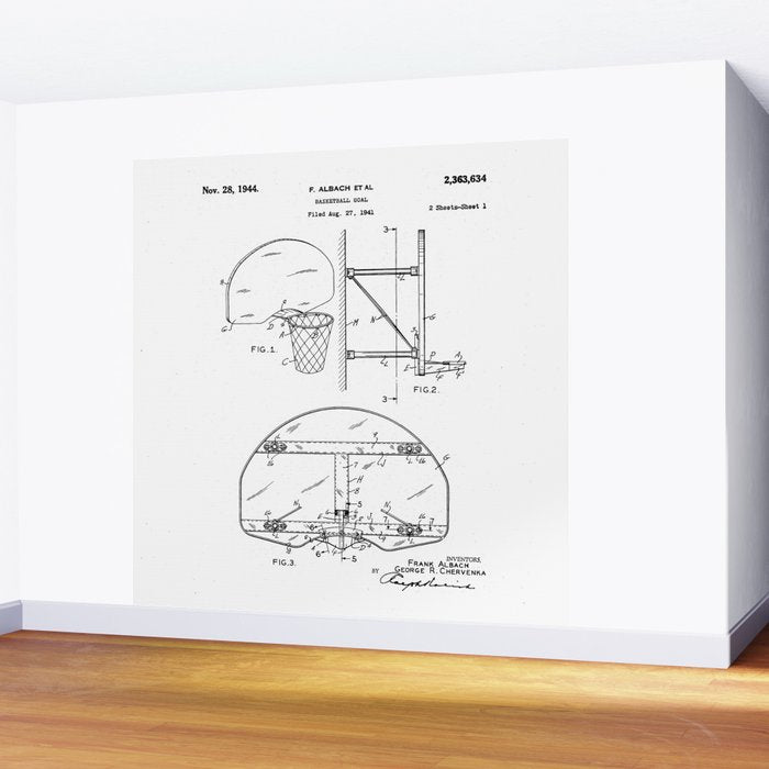 Basketball Net Patent - Basketball Fan Coach Player Art - White Wall Mural Gallery Image 2