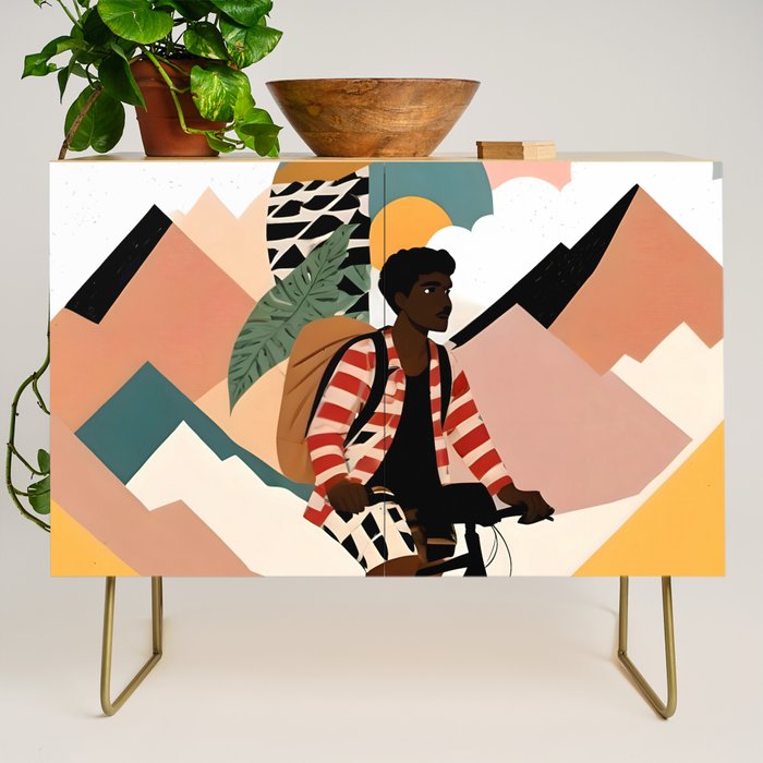 Always a Traveler, Travel Adventure Collage Nomad Lifestyle, Never Settle Explore Digital Black Man Cycling, Mountains Nature Landscape Eclectic Bohemian Contemporary Graphic  Credenza Gallery Image 1