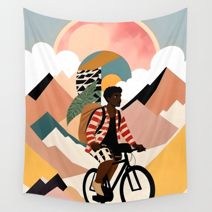 Always a Traveler, Travel Adventure Collage Nomad Lifestyle, Never Settle Explore Digital Black Man Cycling, Mountains Nature Landscape Eclectic Bohemian Contemporary Graphic  Wall Tapestry Gallery Image 4