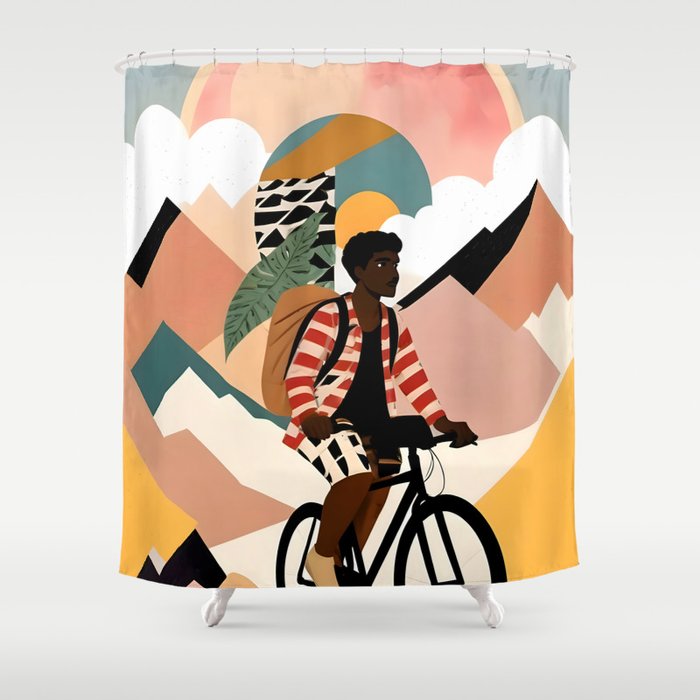 Always a Traveler, Travel Adventure Collage Nomad Lifestyle, Never Settle Explore Digital Black Man Cycling, Mountains Nature Landscape Eclectic Bohemian Contemporary Graphic  Shower Curtain Gallery Image 1