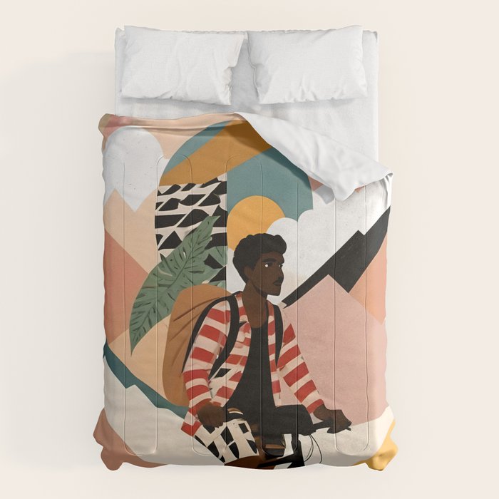 Always a Traveler, Travel Adventure Collage Nomad Lifestyle, Never Settle Explore Digital Black Man Cycling, Mountains Nature Landscape Eclectic Bohemian Contemporary Graphic  Comforter Gallery Image 1