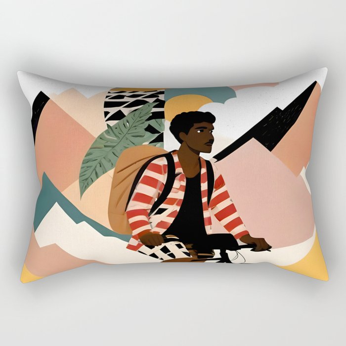 Always a Traveler, Travel Adventure Collage Nomad Lifestyle, Never Settle Explore Digital Black Man Cycling, Mountains Nature Landscape Eclectic Bohemian Contemporary Graphic  Rectangular Pillow Gallery Image 2