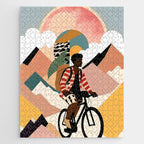 Always a Traveler, Travel Adventure Collage Nomad Lifestyle, Never Settle Explore Digital Black Man Cycling, Mountains Nature Landscape Eclectic Bohemian Contemporary Graphic  Jigsaw Puzzle Gallery Image 1