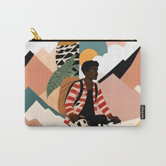 Always a Traveler, Travel Adventure Collage Nomad Lifestyle, Never Settle Explore Digital Black Man Cycling, Mountains Nature Landscape Eclectic Bohemian Contemporary Graphic  Carry All Pouch Gallery Image 1