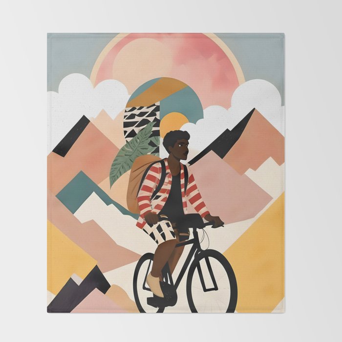 Always a Traveler, Travel Adventure Collage Nomad Lifestyle, Never Settle Explore Digital Black Man Cycling, Mountains Nature Landscape Eclectic Bohemian Contemporary Graphic  Throw Blanket Gallery Image 2
