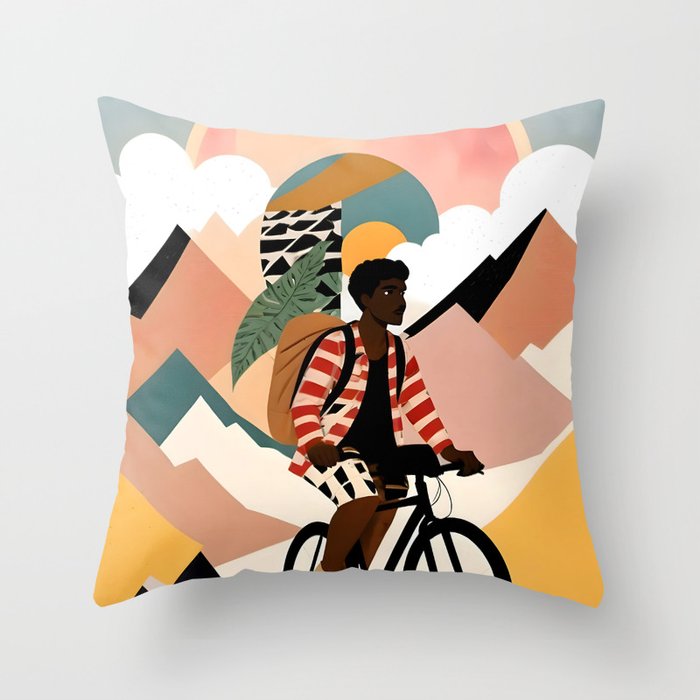 Always a Traveler, Travel Adventure Collage Nomad Lifestyle, Never Settle Explore Digital Black Man Cycling, Mountains Nature Landscape Eclectic Bohemian Contemporary Graphic  Throw Pillow Gallery Image 1