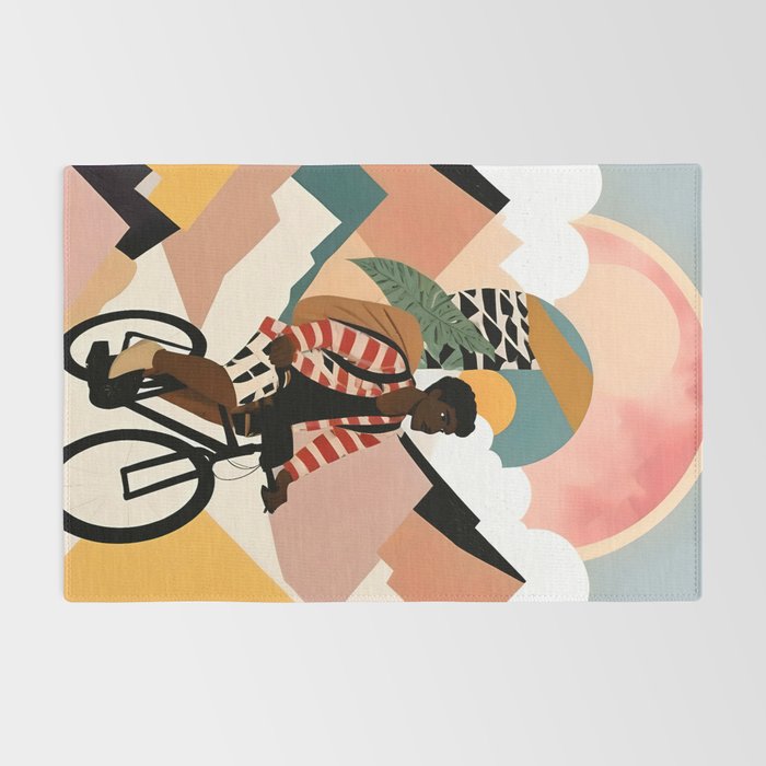Always a Traveler, Travel Adventure Collage Nomad Lifestyle, Never Settle Explore Digital Black Man Cycling, Mountains Nature Landscape Eclectic Bohemian Contemporary Graphic  Rug Gallery Image 2