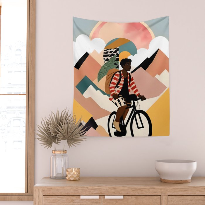 Always a Traveler, Travel Adventure Collage Nomad Lifestyle, Never Settle Explore Digital Black Man Cycling, Mountains Nature Landscape Eclectic Bohemian Contemporary Graphic  Wall Tapestry Gallery Image 2