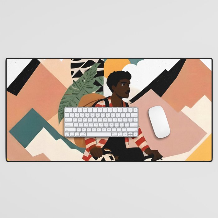 Always a Traveler, Travel Adventure Collage Nomad Lifestyle, Never Settle Explore Digital Black Man Cycling, Mountains Nature Landscape Eclectic Bohemian Contemporary Graphic  Desk Mat Gallery Image 1