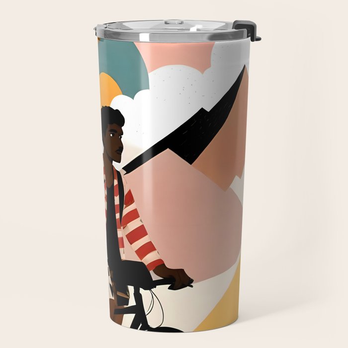 Always a Traveler, Travel Adventure Collage Nomad Lifestyle, Never Settle Explore Digital Black Man Cycling, Mountains Nature Landscape Eclectic Bohemian Contemporary Graphic  Travel Mug Gallery Image 2