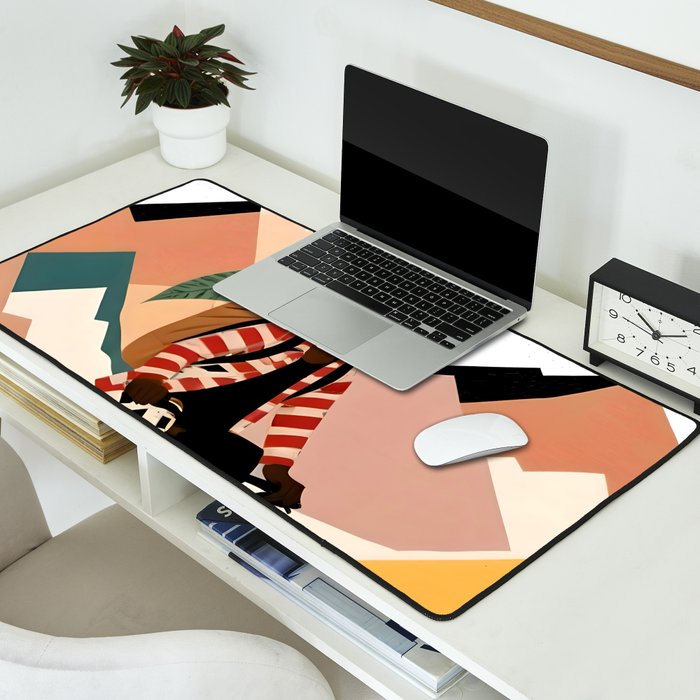 Always a Traveler, Travel Adventure Collage Nomad Lifestyle, Never Settle Explore Digital Black Man Cycling, Mountains Nature Landscape Eclectic Bohemian Contemporary Graphic  Desk Mat Gallery Image 2
