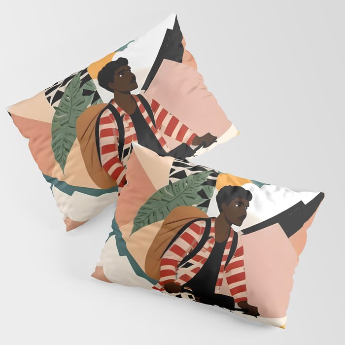 Always a Traveler, Travel Adventure Collage Nomad Lifestyle, Never Settle Explore Digital Black Man Cycling, Mountains Nature Landscape Eclectic Bohemian Contemporary Graphic  Pillow Sham Gallery Image 3